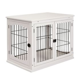 26" Wooden Dog Cage Dog Crate Furniture, Indoor Dog Kennel, Dog Cage End Table with 2 Lockable Doors Entrance & Top Shelf, White