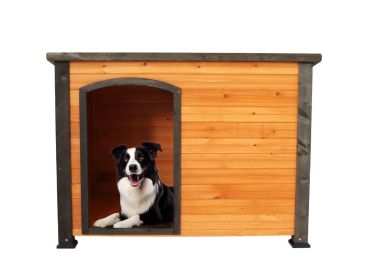 45"Dog House Outdoor and indoor wooden kennel, winter strap with elevated feet, large dog weatherproof (gold red and black) (Color: as Pic)